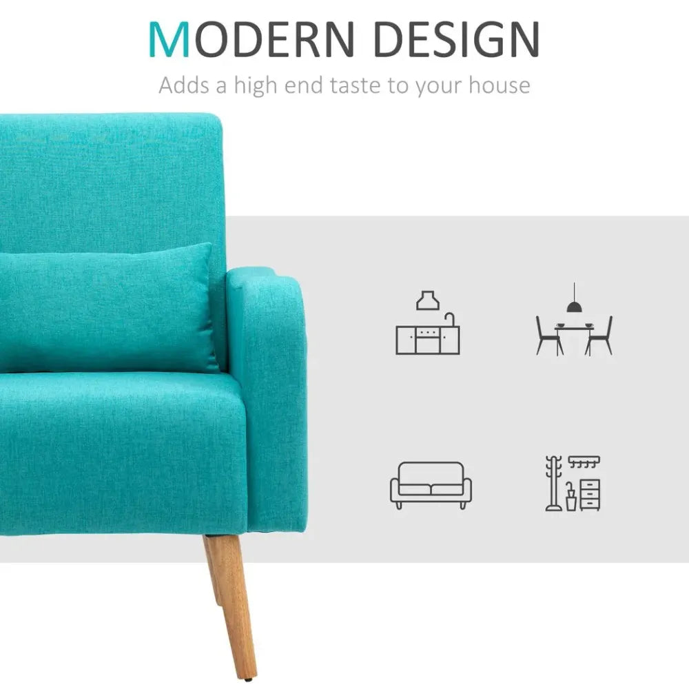 Nordic Armchair Linen-Touch Sofa Chair with Cushioned Pillow & Wood Legs Teal S0671097098