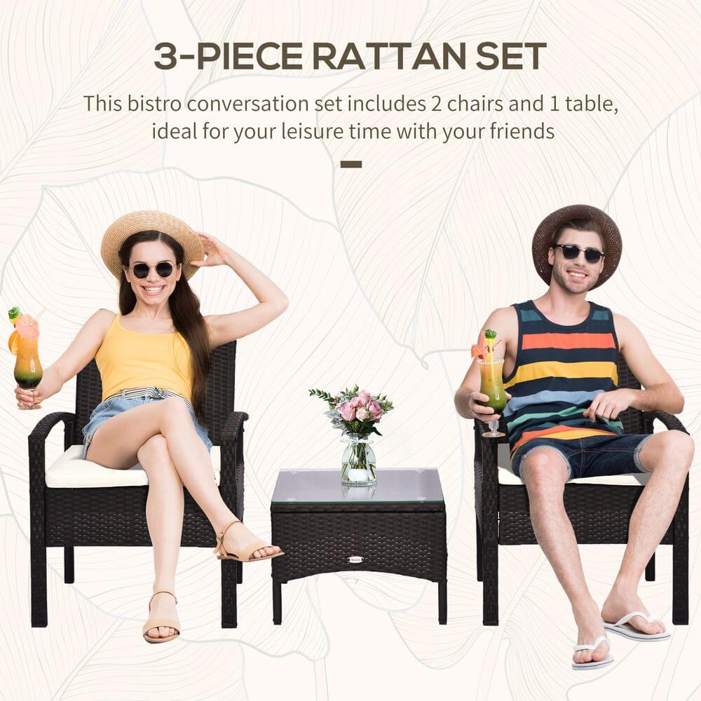 3PC Garden Rattan Bistro Set Balcony Dining Table 2 Seater Chair Outsunny S0671080412