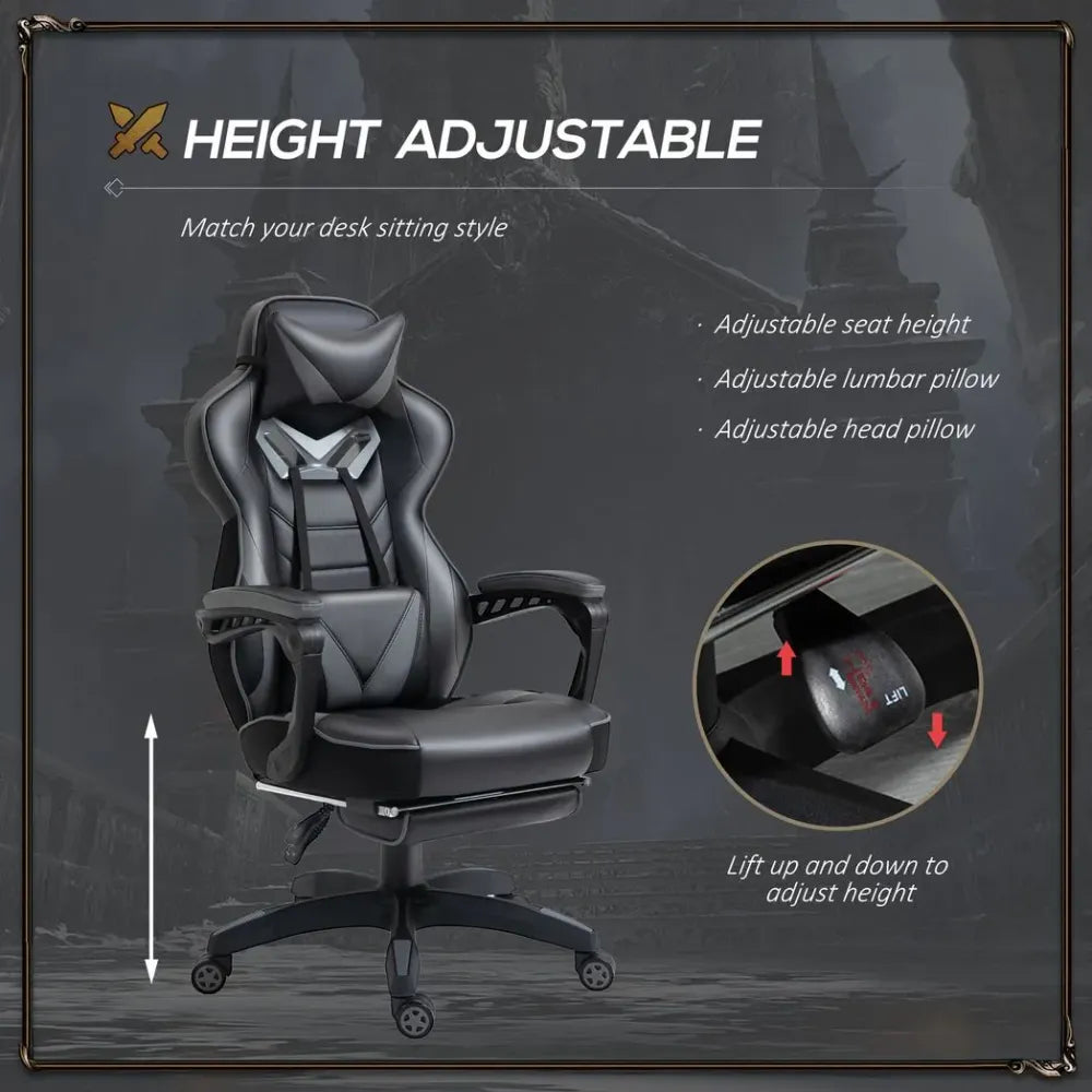 Gaming Chair Ergonomic Reclining w/ Manual Footrest Wheels Stylish Office Grey S0671102900