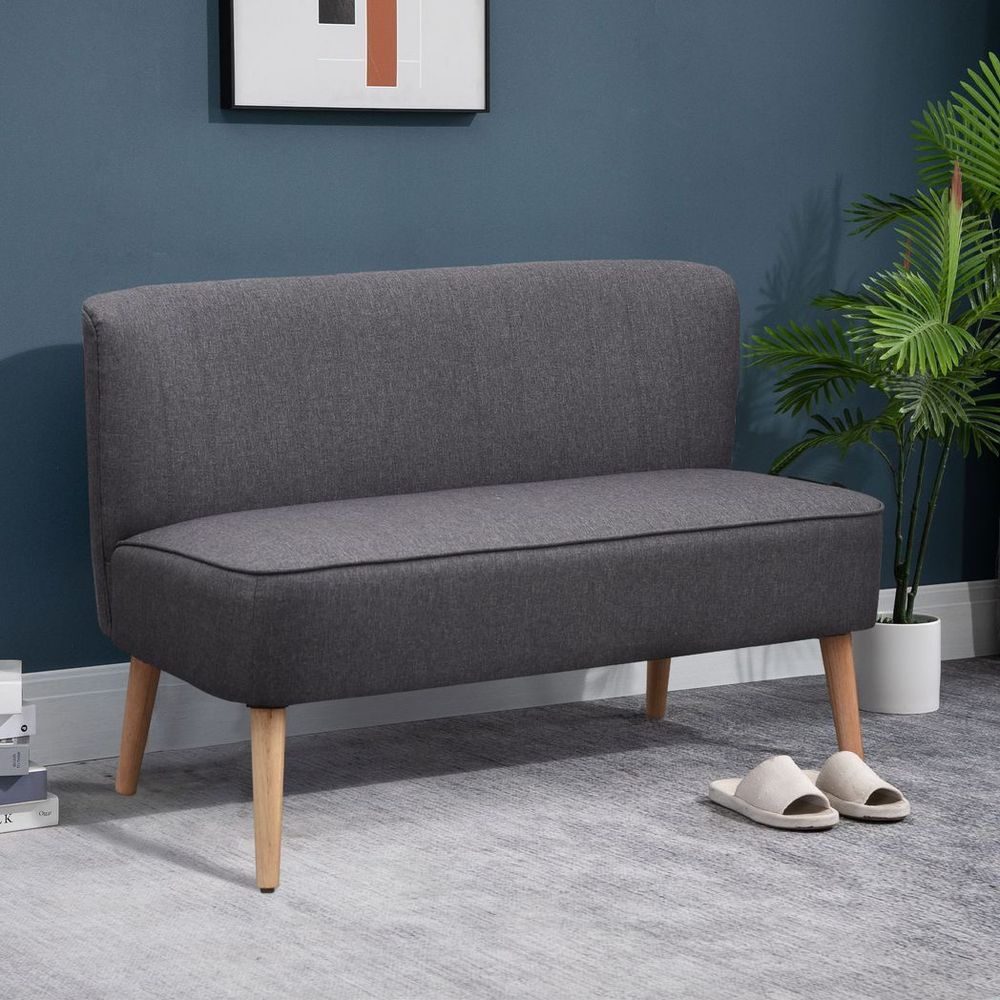 Modern Double Seat Sofa Loveseat Couch Padded Linen Wood Legs, Dark Grey S0671114583