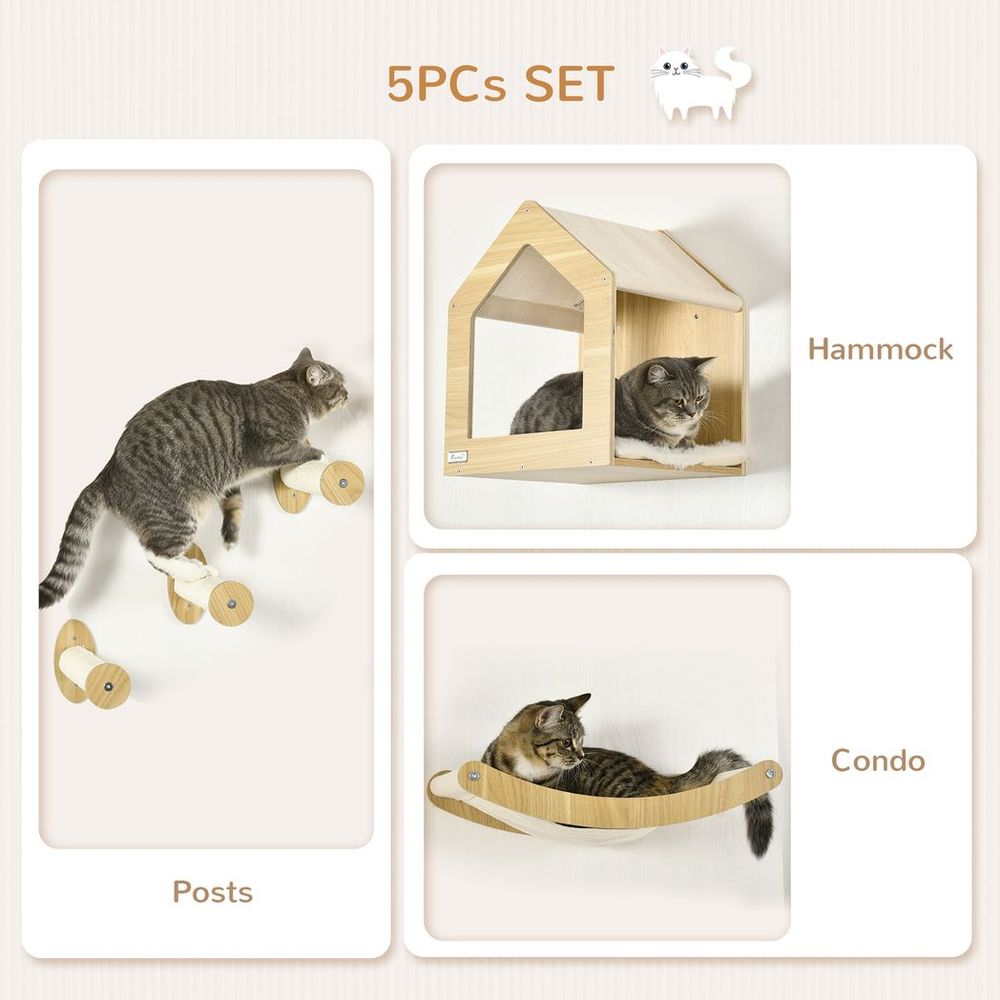 PawHut 5PCs Wall Mounted Cat Tree Cat Climbing Shelf Set Scratching Post, Oak S0671114539