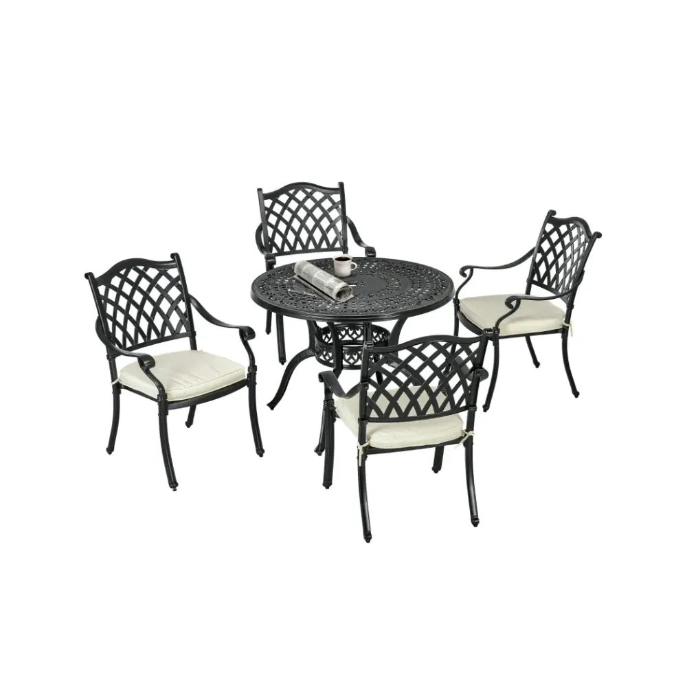 4 Seater Dining Set with Cushions Round Dining Table with Parasol Hole, Bronze S067941835