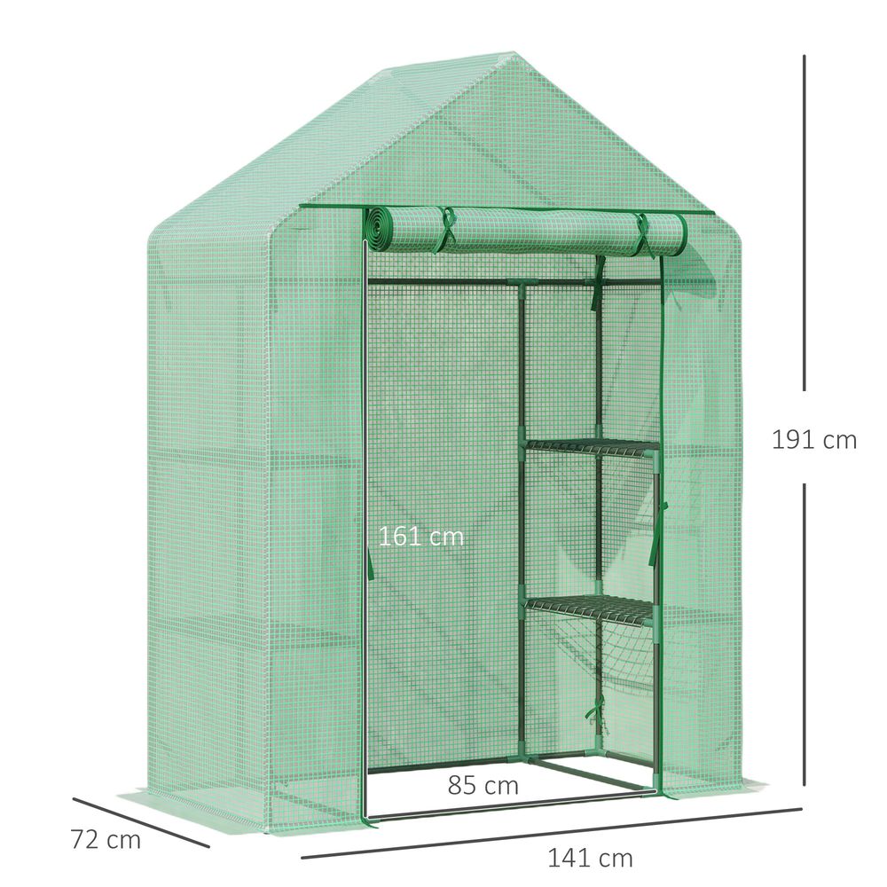 WalkIn Greenhouse 2 Tier Shelf, Roll-Up Door, PE Cover, 141x72x191cm, Green S0671071953