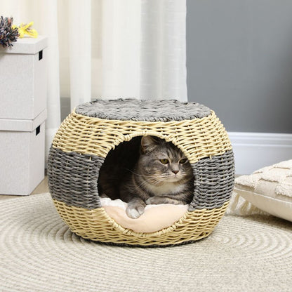 PawHut Wicker Cat House, Rattan Raised Cat Bed w/ Soft Cushion, 40 x 30cm S0671129928