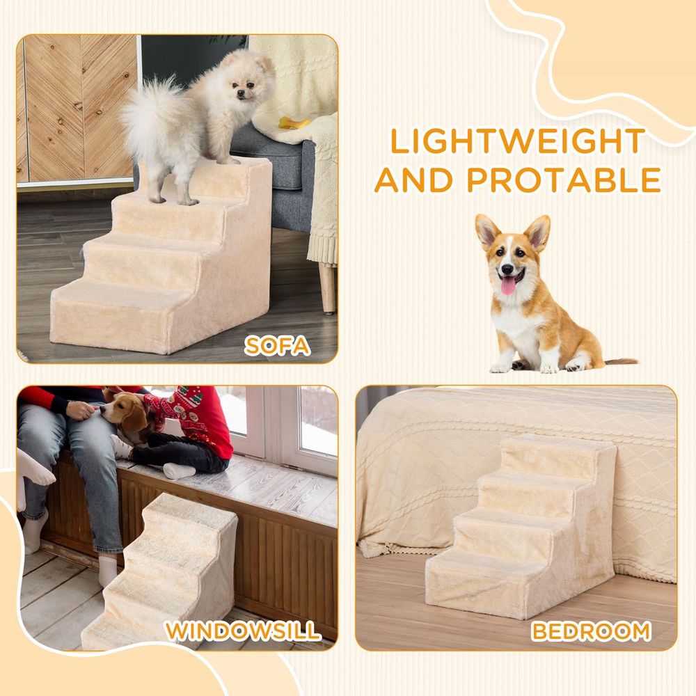 Portable Dog Stairs with Washable Plush Cover, for High Bed Sofa - Beige S0671347285