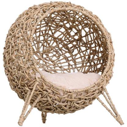 Wicker Cat House, Ball-Shaped Rattan Raised Cat Bed - Natural Wood Finish S0671148972