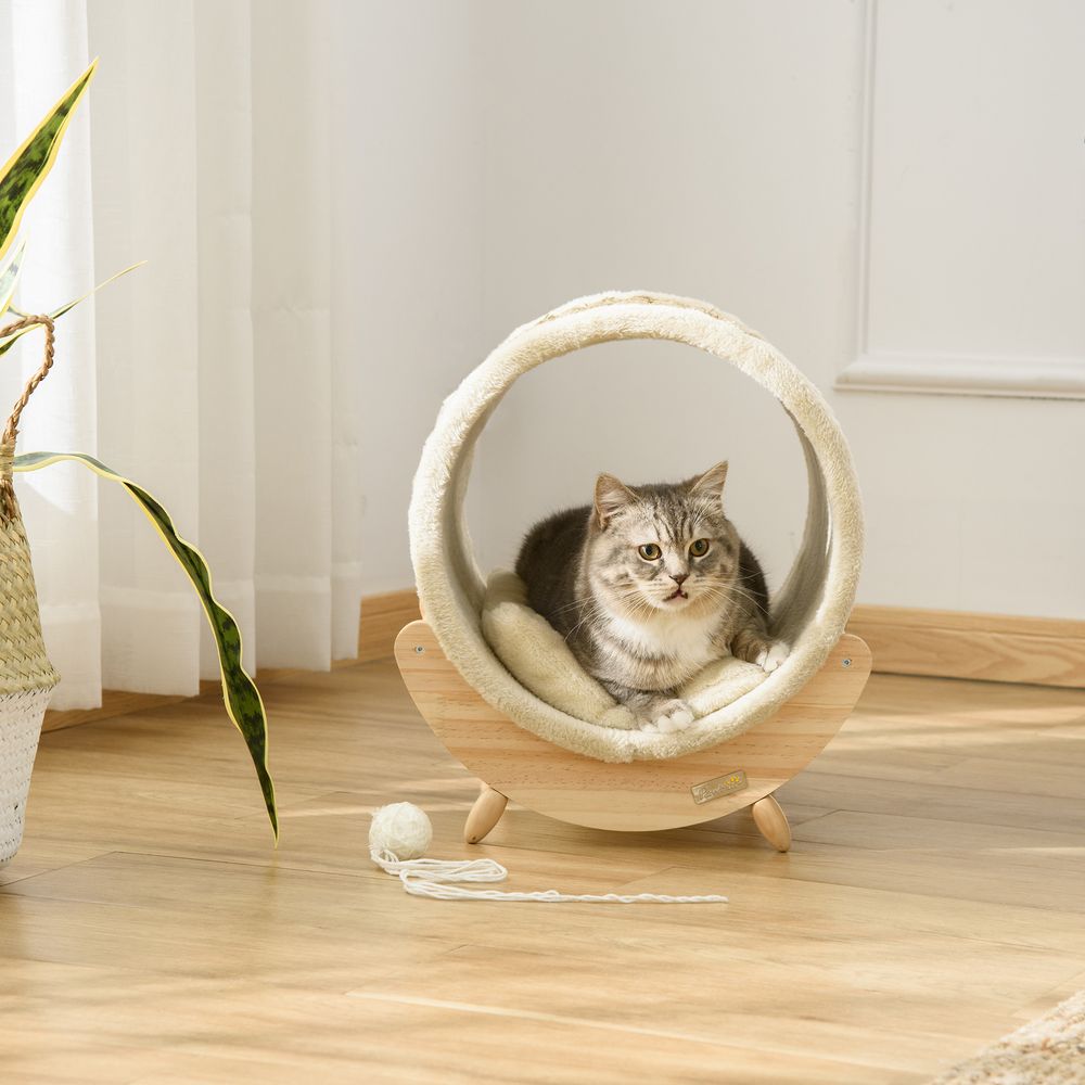 Elevated Cat House Kitten Bed Pet Shelter with Scratcher Cushion, Beige S0671070895