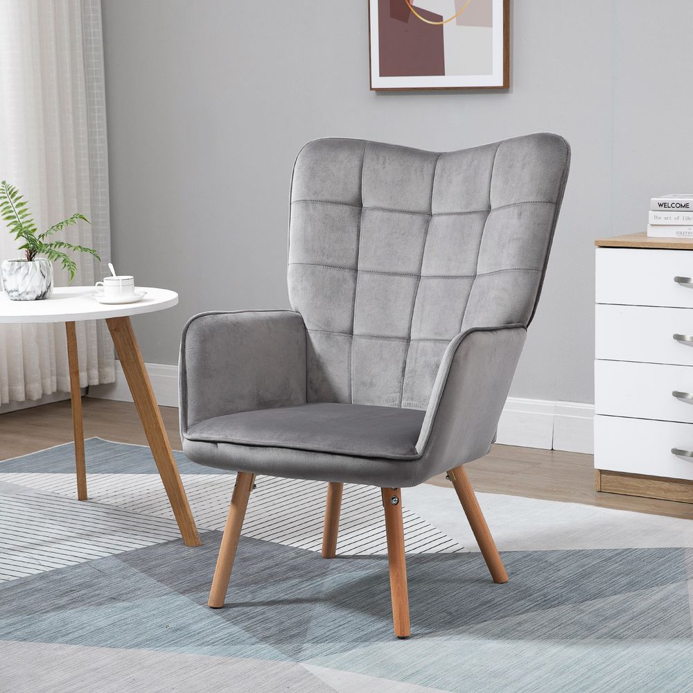 HOMCOM Modern Accent Chair Velvet-Touch Tufted Wingback Armchair Grey S0671080108