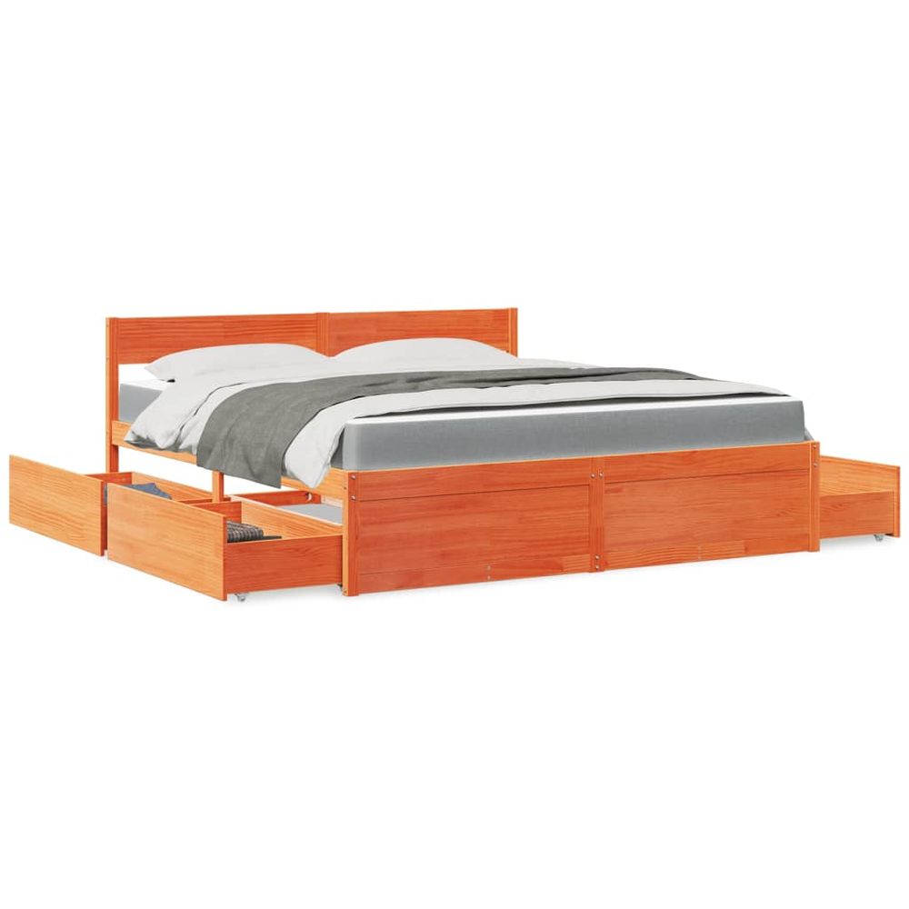 vidaXL Bed with Drawers and Mattress Wax Brown 180x200 cm Super King Solid Wood Pine S0671489413