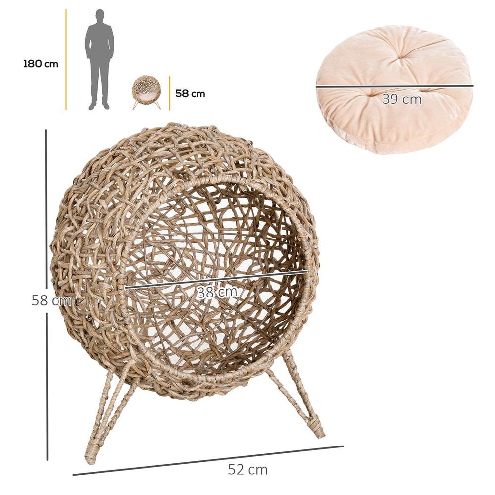 Wicker Cat House, Ball-Shaped Rattan Raised Cat Bed - Natural Wood Finish S0671148972