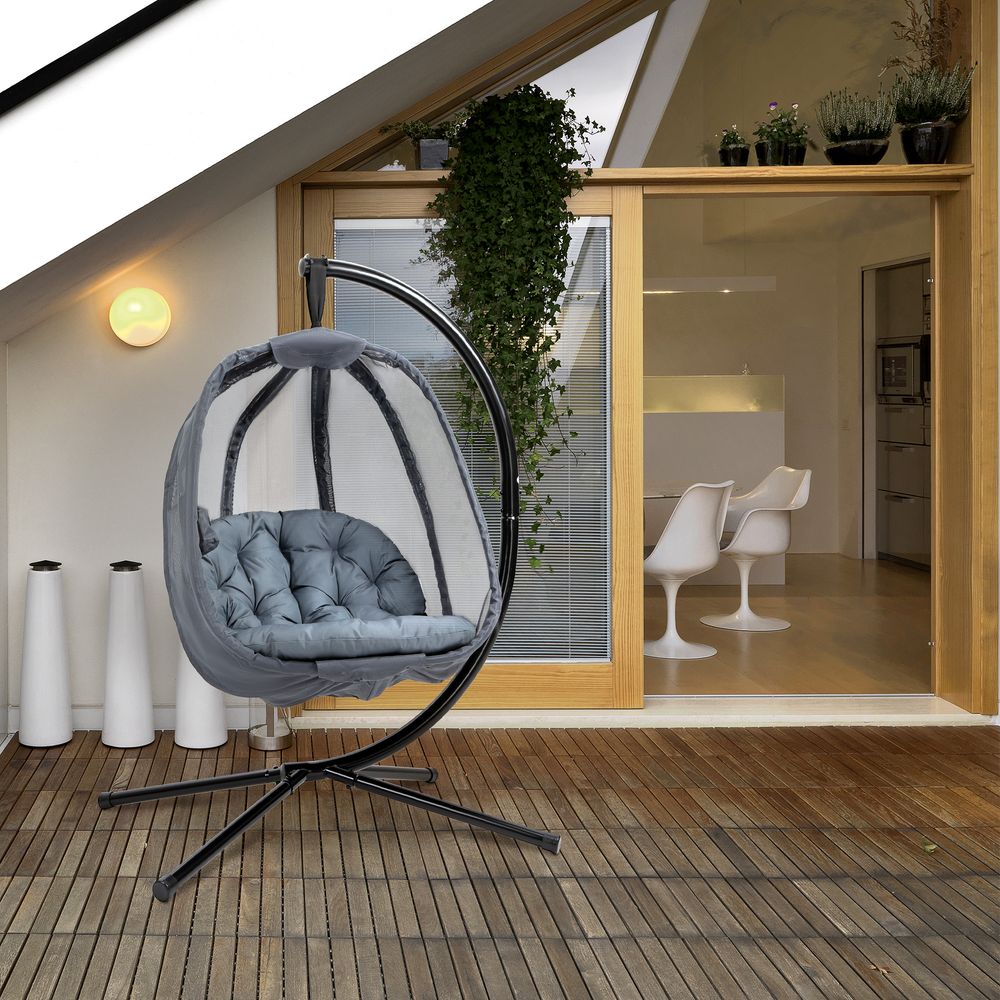 Folding Hanging Egg Chair w/ Cushion and Stand Grey S0671080256