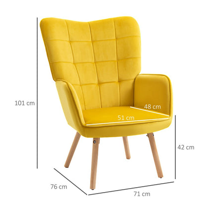 HOMCOM Modern Accent Chair Velvet-Touch Tufted Wingback Armchair, Yellow S0671080106