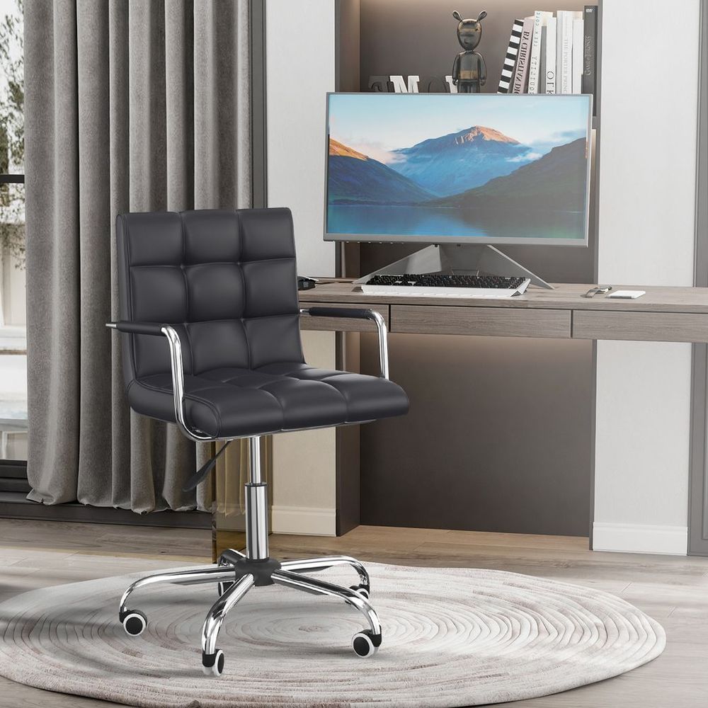 Mid Back PU Leather Home Office Chair Swivel Desk Chair with Arm, Wheel, Black S0671114497