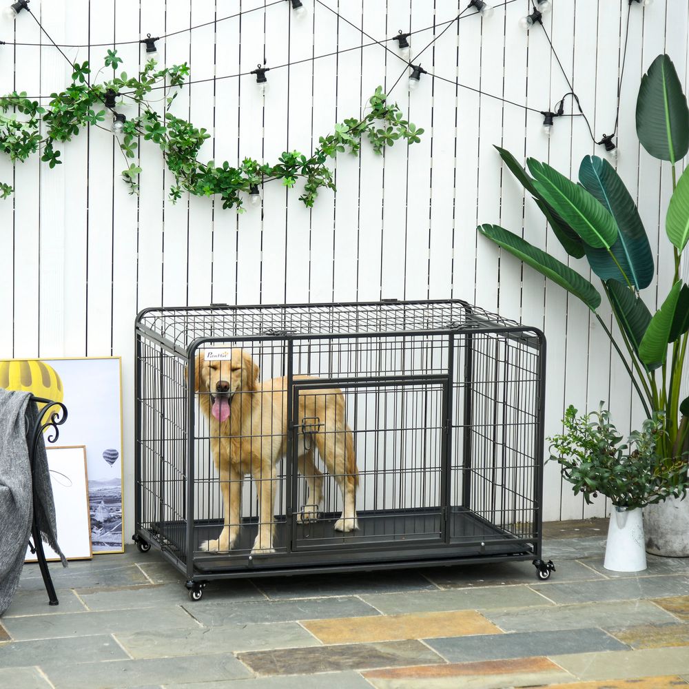 81x125cm Metal Dog Cage Kennel Locking Door & Wheels Extra Large Pets Pawhut S0671081088