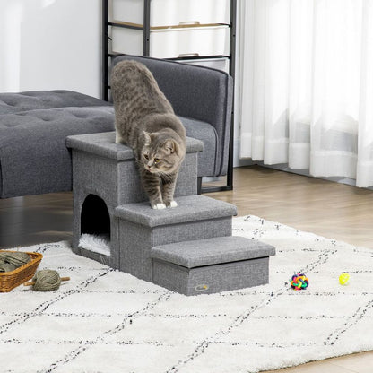 PawHut 3 Step Dog Steps for Bed w/ Cat House Storage Boxes for Sofa Grey S0671114533