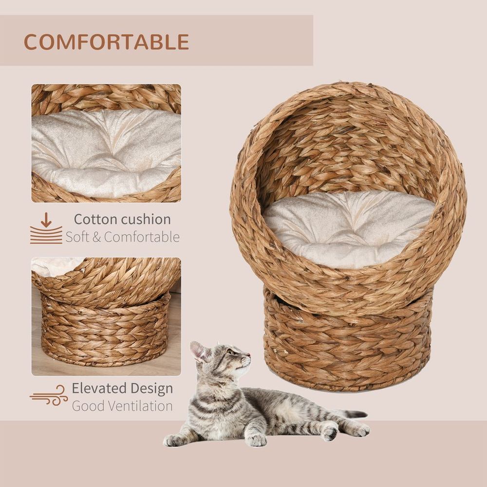 Wicker Cat House, Raised Cat Bed with Cylindrical Base, 50 x 42 x 60 cm S0671149034