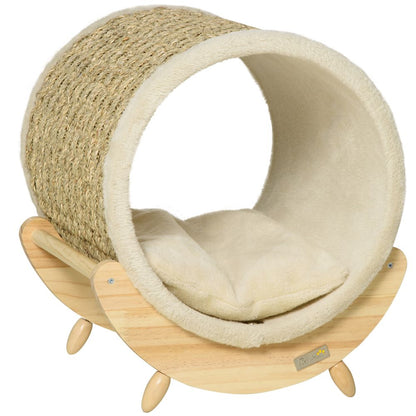 Elevated Cat House Kitten Bed Pet Shelter with Scratcher Cushion, Beige S0671070895