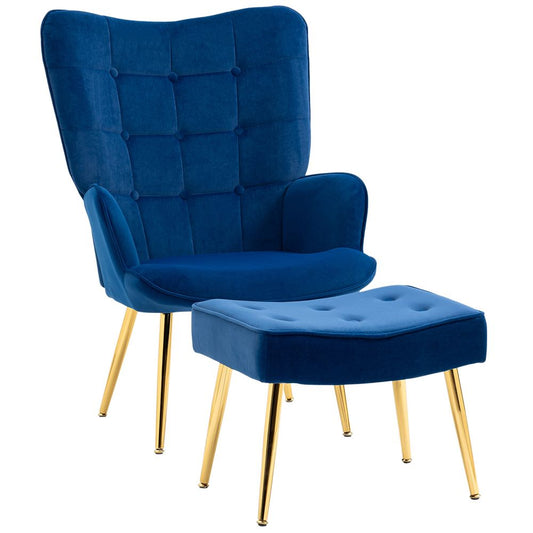 HOMCOM Button Tufted Armchair with Footstool and Gold Tone Steel Legs Dark Blue S0671347096