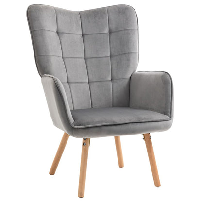 HOMCOM Modern Accent Chair Velvet-Touch Tufted Wingback Armchair Grey S0671080108