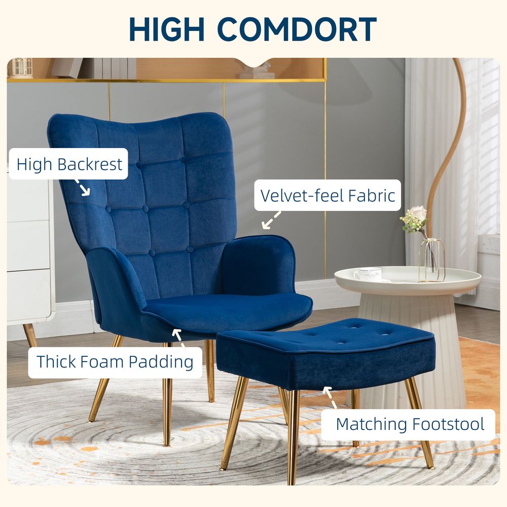 HOMCOM Button Tufted Armchair with Footstool and Gold Tone Steel Legs Dark Blue S0671347096