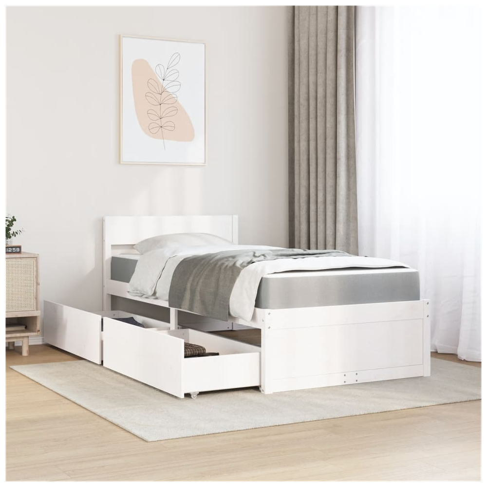 vidaXL Bed with Drawers and Mattress White 90x190 cm Single Solid Wood Pine S0671489374