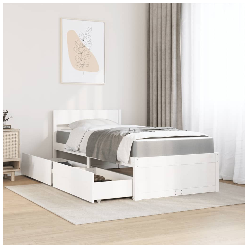 vidaXL Bed with Drawers and Mattress White 90x200 cm Solid Wood Pine S0671489511