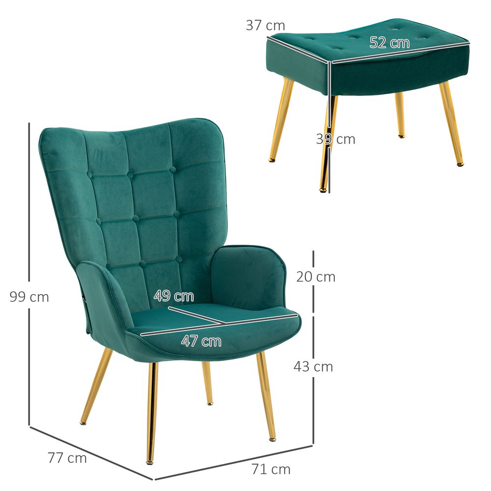 HOMCOM Button Tufted Armchair with Footstool and Gold Tone Steel Legs Dark Green S0671347097