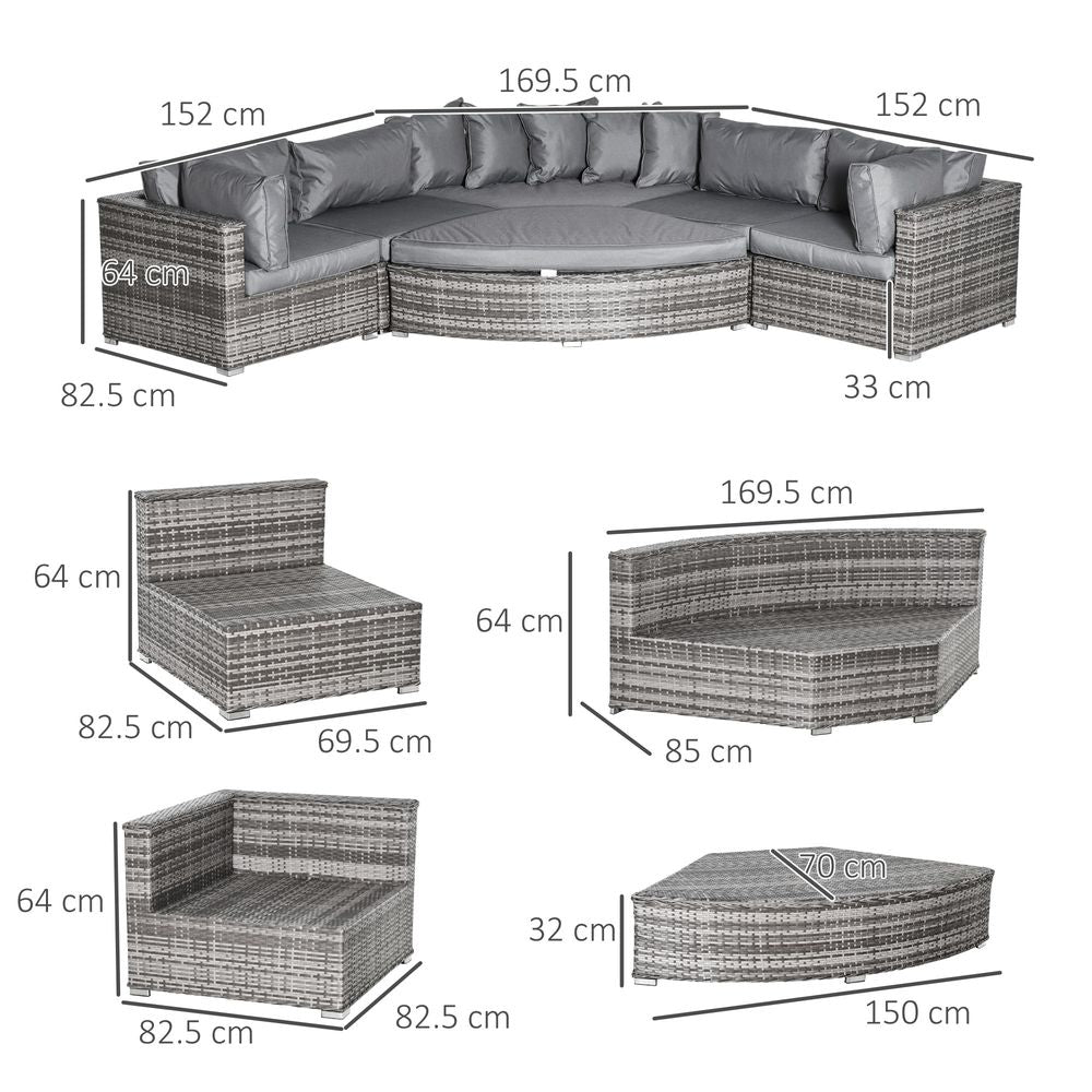 6-Seater Rattan Sofa Set Half Round w/ Cushions Grey S0671072408