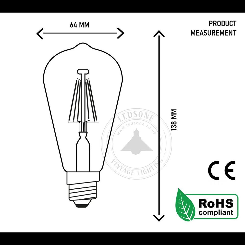 6Pack E27 LED Edison Dimmable Vintage Amber Glass Warm white 2700K Light Bulb, S0671114257