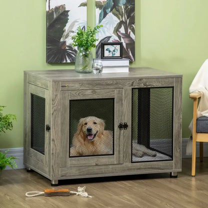 Dog Kennel Furniture End Table w/ Two Doors, Soft Cushion for Large Medium Dogs S0671097325