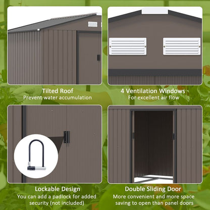 9 X 6FT Outdoor Storage Garden Shed Sliding Door Galvanised Metal Brown S0671210995