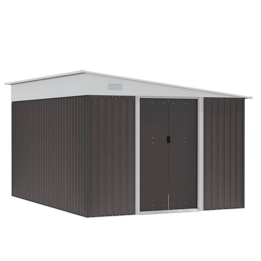 11.3 x 9.2ft Steel Garden Shed Metal Tool House Double Doors & 2 Air Vents, Grey S0671071955