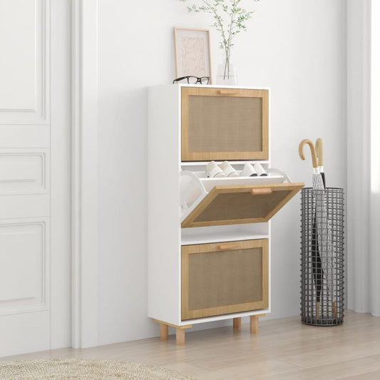 Shoe Cabinet White 52x25x115 cm Engineered Wood&Natural Rattan S0671090763