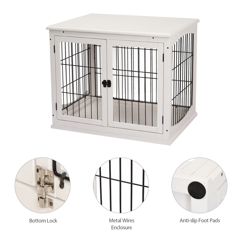 Wooden Dog Crate End Table Pet Puppy Cage w/Metal Wire for Small Dog White S0671071079