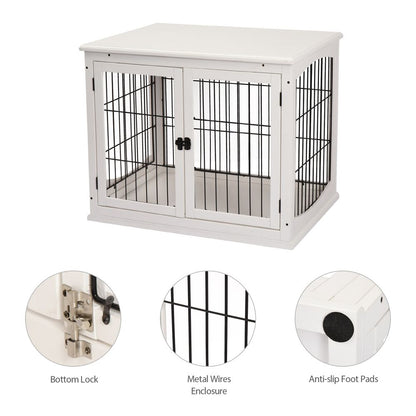 Wooden Dog Crate End Table Pet Puppy Cage w/Metal Wire for Small Dog White S0671071079