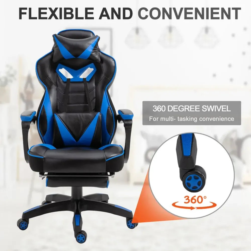 Gaming Chair Ergonomic Reclining w/ Manual Footrest Wheels Stylish Office Blue S0671097191