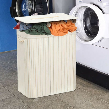 Rectangular Bamboo Laundry Basket-White with Divider S035872230