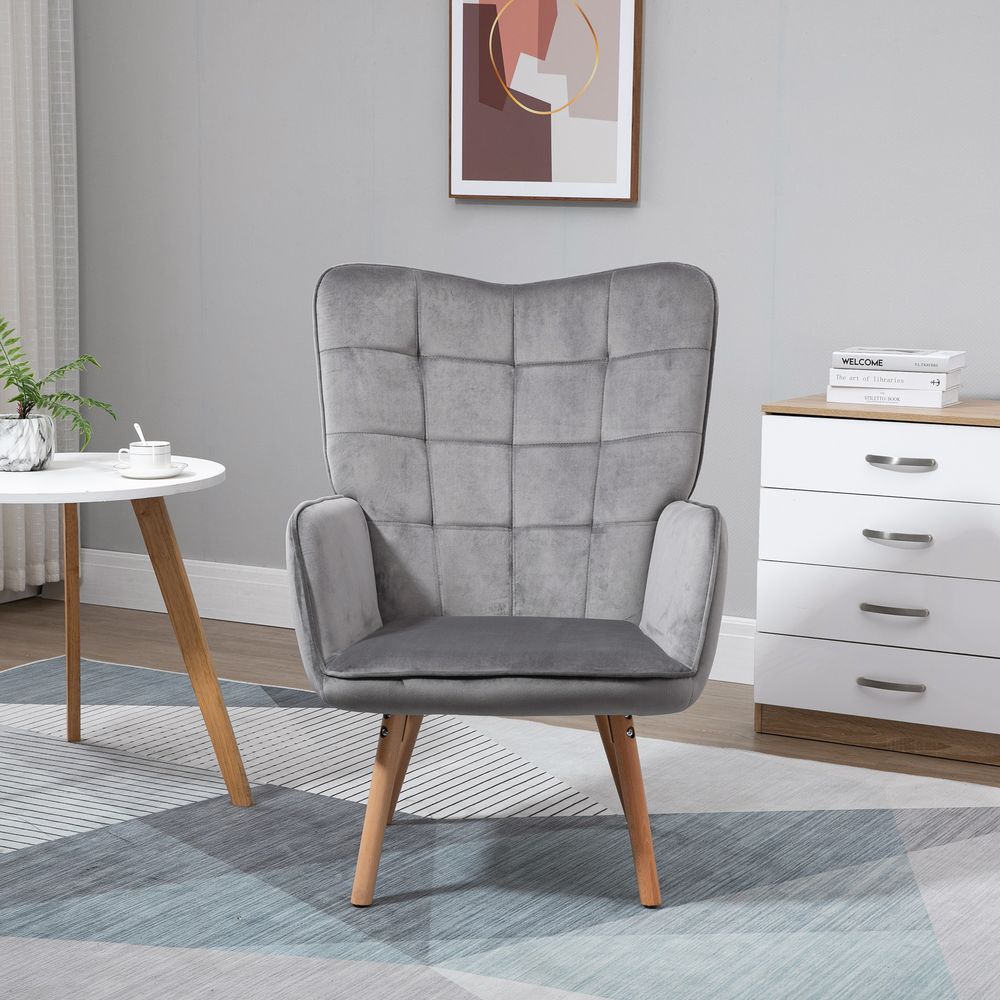 HOMCOM Modern Accent Chair Velvet-Touch Tufted Wingback Armchair Grey S0671080108