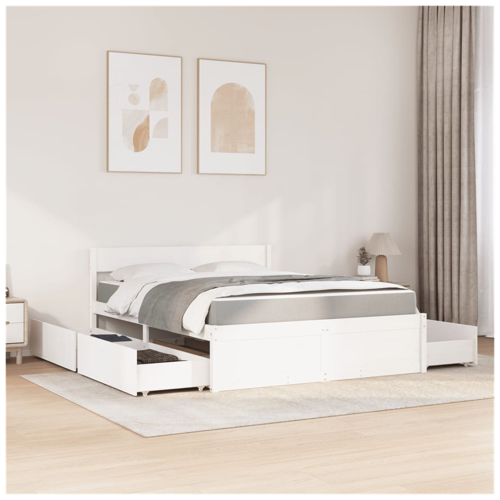 vidaXL Bed with Drawers and Mattress White 140x200 cm Solid Wood Pine S0671489520