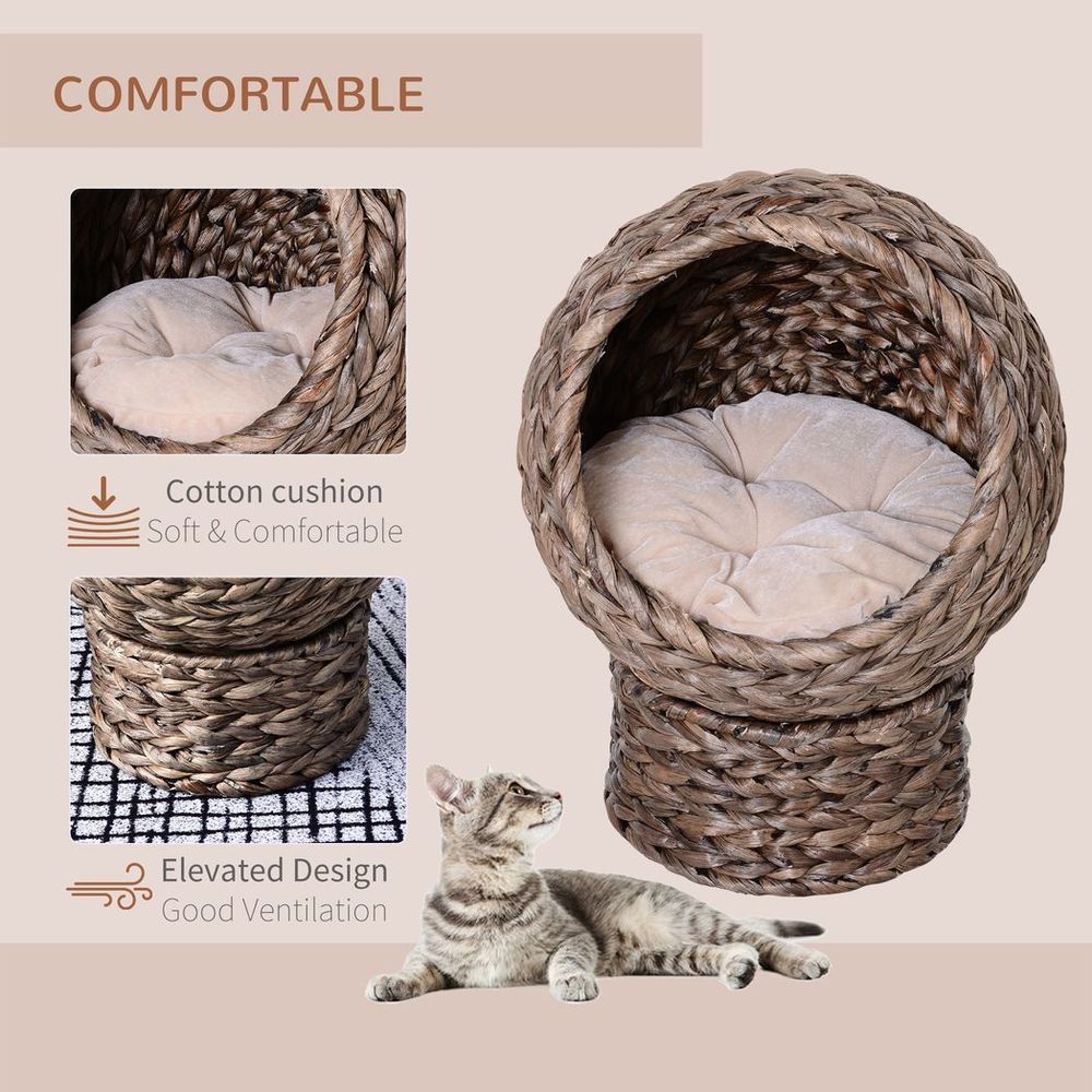 Wicker Cat House, Raised Cat Bed with Cylindrical Base, 42 x 33 x 52cm - Brown S0671347298