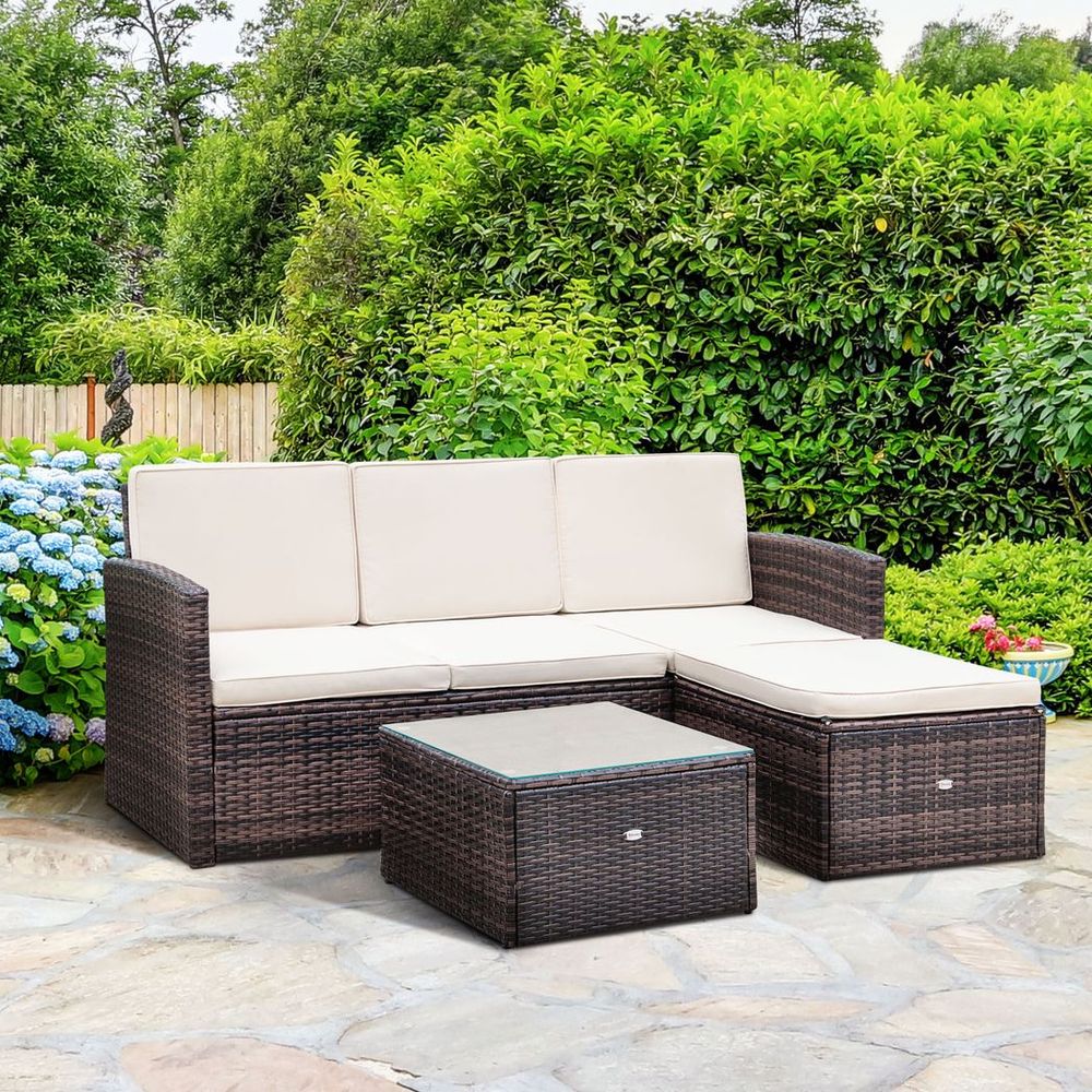 3PC Outdoor Patio Furniture Set Wicker Rattan 3-Seater Sofa Chair Couch Brown S0671114907