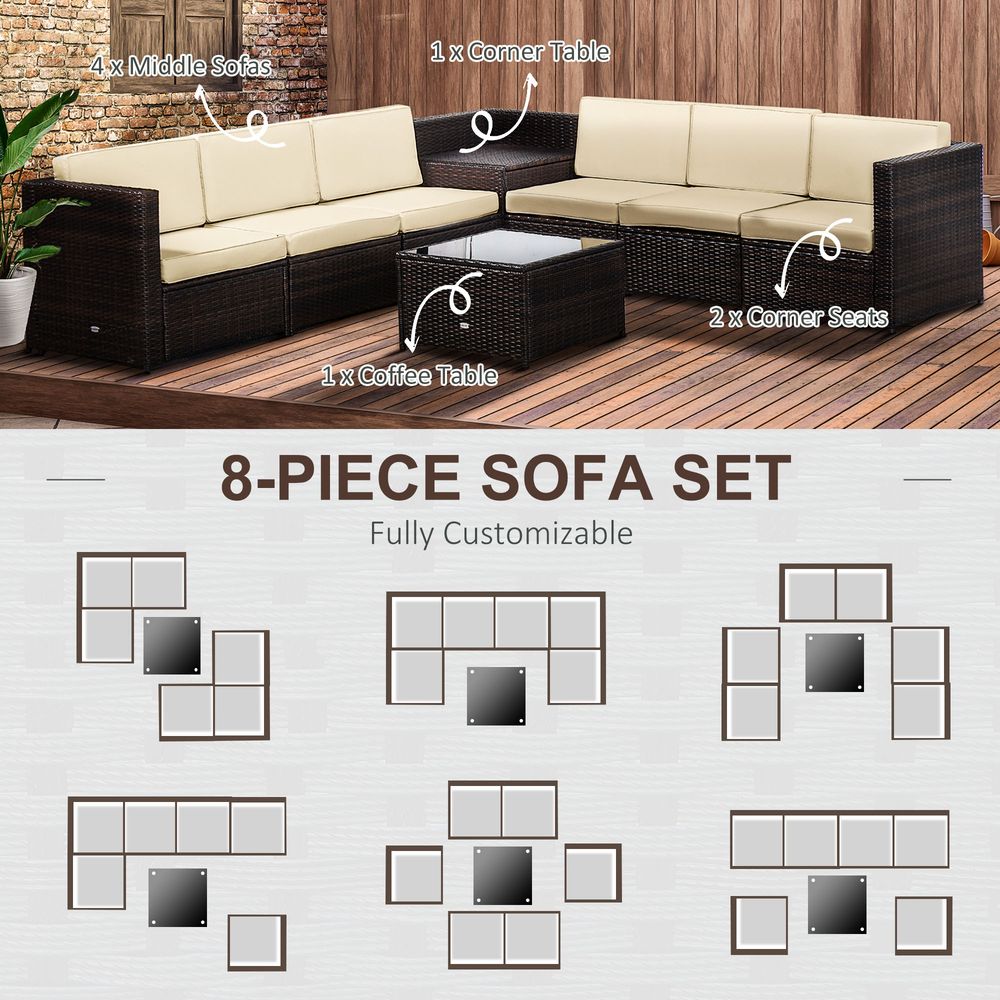 Outsunny 6-Seater Rattan Sofa Furniture Set W/Cushions, Steel Frame-Brown S0671072395