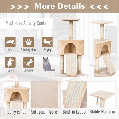 3-Level Cat Tree Sisal Scratching Posts Perch Condo and Ladder, Beige Pawhut S0671081204