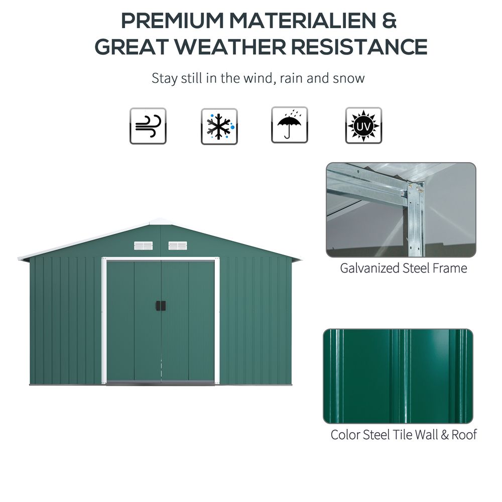 13ft x 11ft Outdoor Roofed Metal Storage Shed Foundation Vent & Doors Green S0671071891