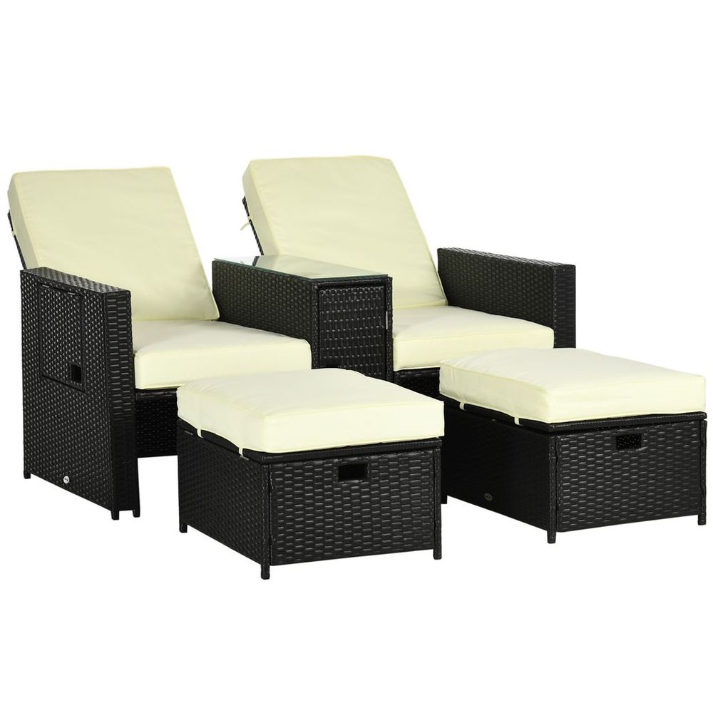 5-level Adjustable Rattan Sun Lounger w/ Storage Tea Table & Footstools, Balck S0671114989