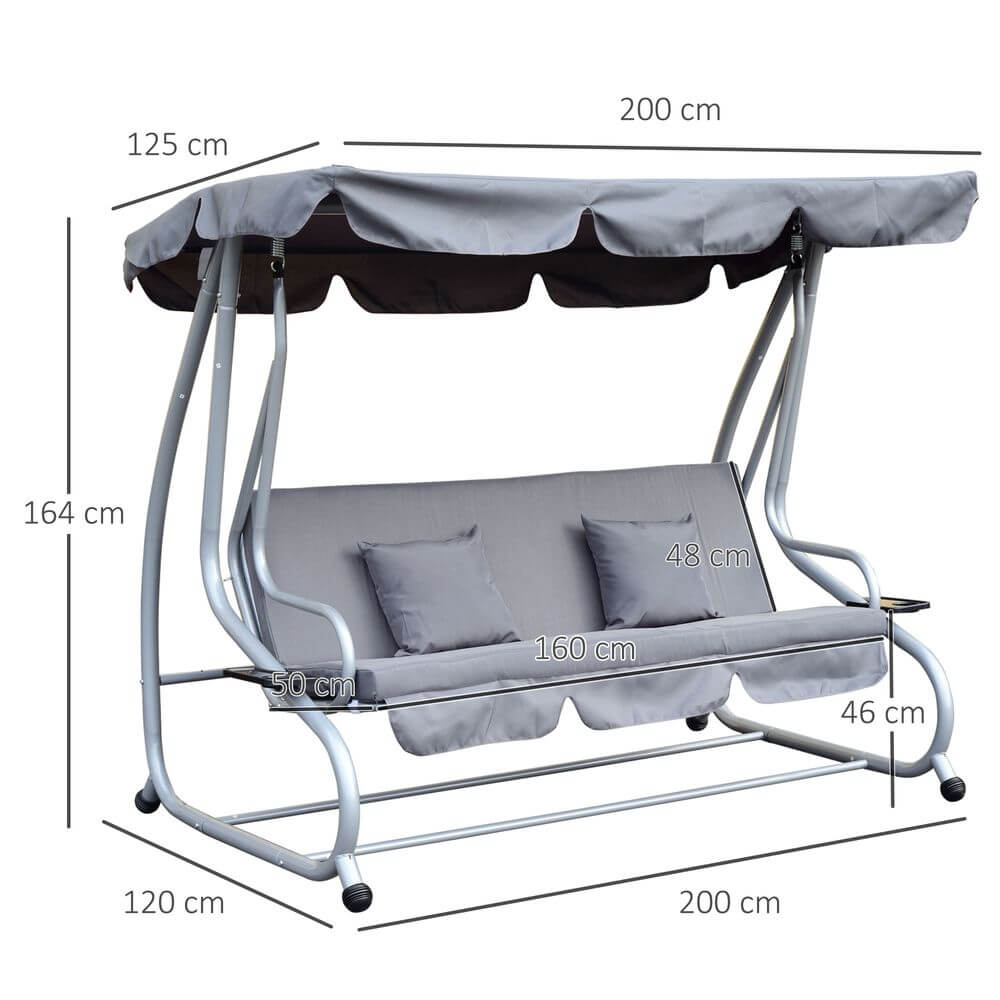 Outsunny 3-Seater Garden Hammock Swing Chair Bench Luxury W/2 Free Pillows-Grey S0671072023