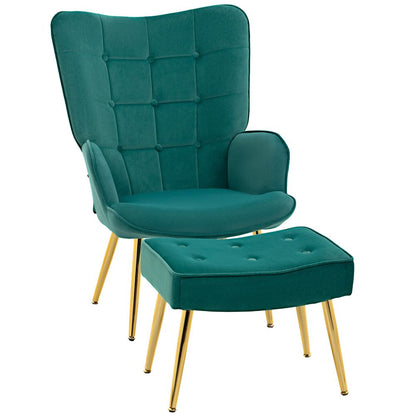 HOMCOM Button Tufted Armchair with Footstool and Gold Tone Steel Legs Dark Green S0671347097