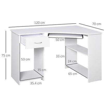 L-Shaped Corner Computer Desk w/ 2 Shelves Worktop Keyboard Tray White S0671079862