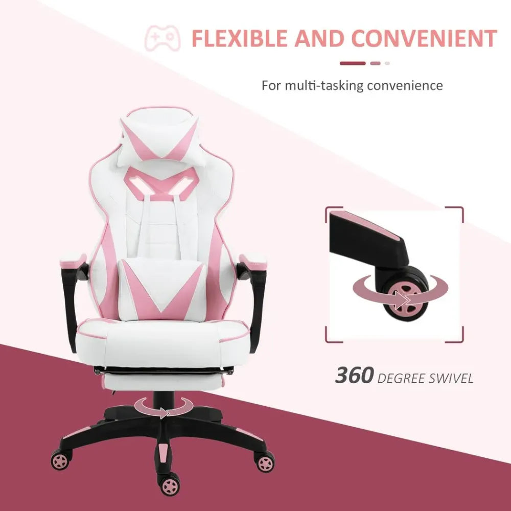 Gaming Chair Ergonomic Reclining w/ Manual Footrest Wheels Stylish Office Pink S0671102969