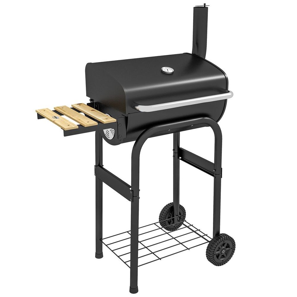 Outsunny Charcoal Barbecue BBQ Grill Trolley W/ Shelves, Lid and Thermometer S0671433371